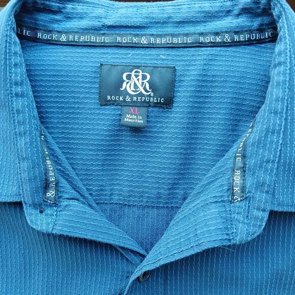 R&R Blue Cotton Button Up Shirt Mens XL long roll tab sleeves jacquard stripes - Picture 8 of 15